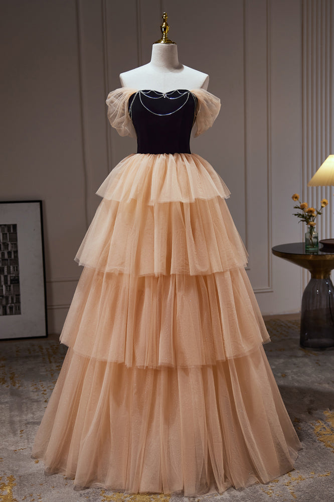 Bridesmaid Dress Tulle, Champagne Off The Shoulder Evening Gown A Line Tulle Long Prom Dresses