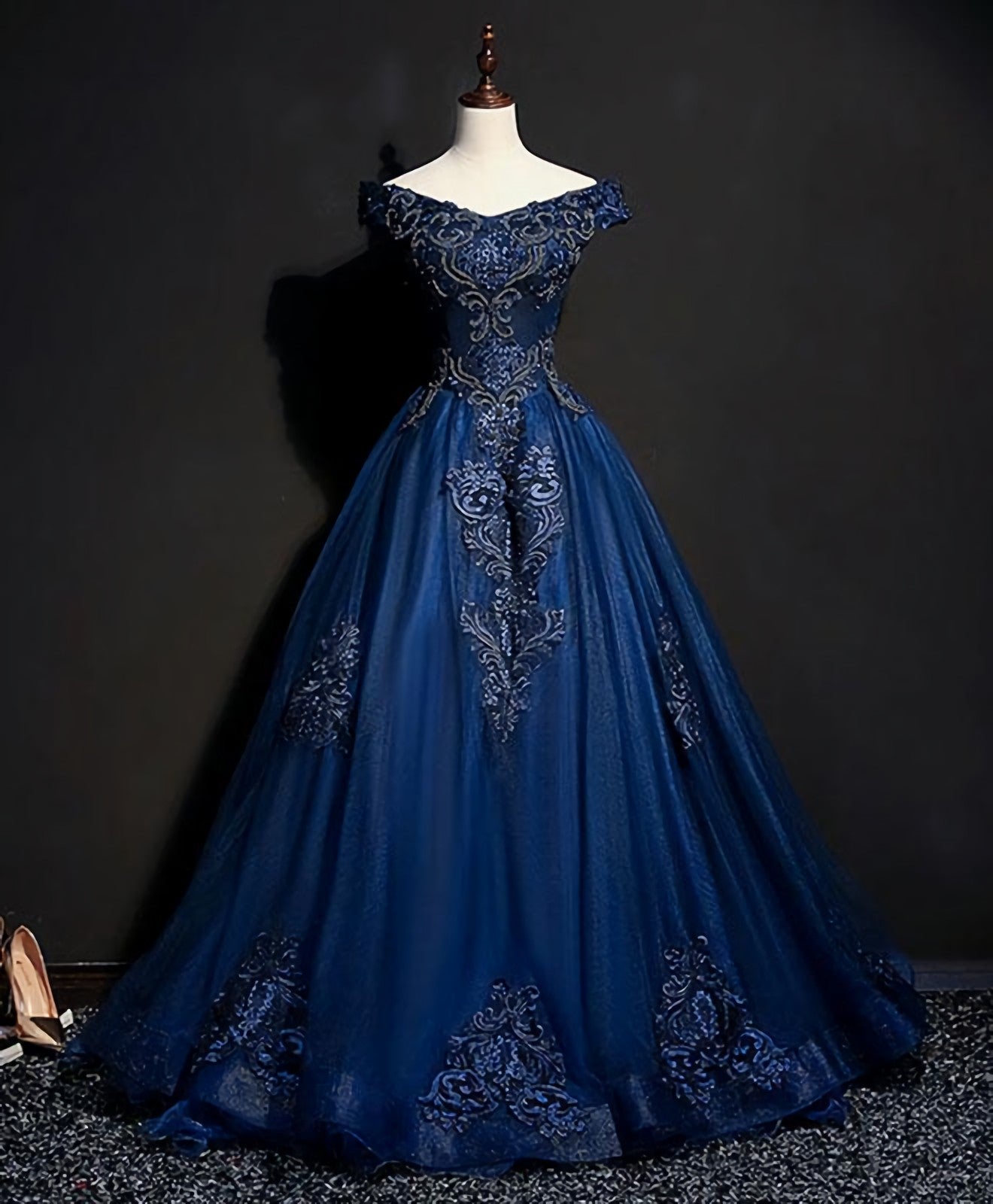 Prom Dresses Designers, Blue Tulle Lace Off Shoulder Long Prom Dress, Blue Tulle Lace Evening Dress
