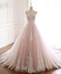 Homecoming Dresses Style, Pink Sweetheart Lace Tulle Long Prom Dress, Lace Pink Evening Dress