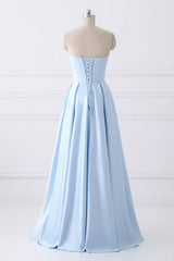 Bridesmaids Dress Styles Long, Light Blue A Line Floor Length Strapless Sleeveless Lace Up Prom Dresses