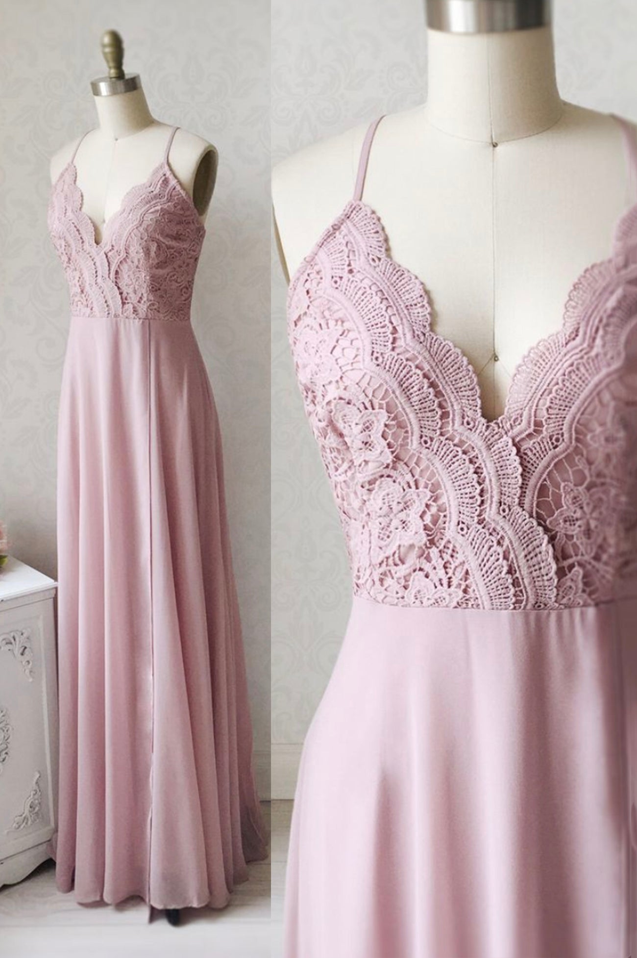 Bridesmaid Dresses White, Pink Chiffon Lace Long Prom Dresses, V-Neck Spaghetti Strap Party Dresses