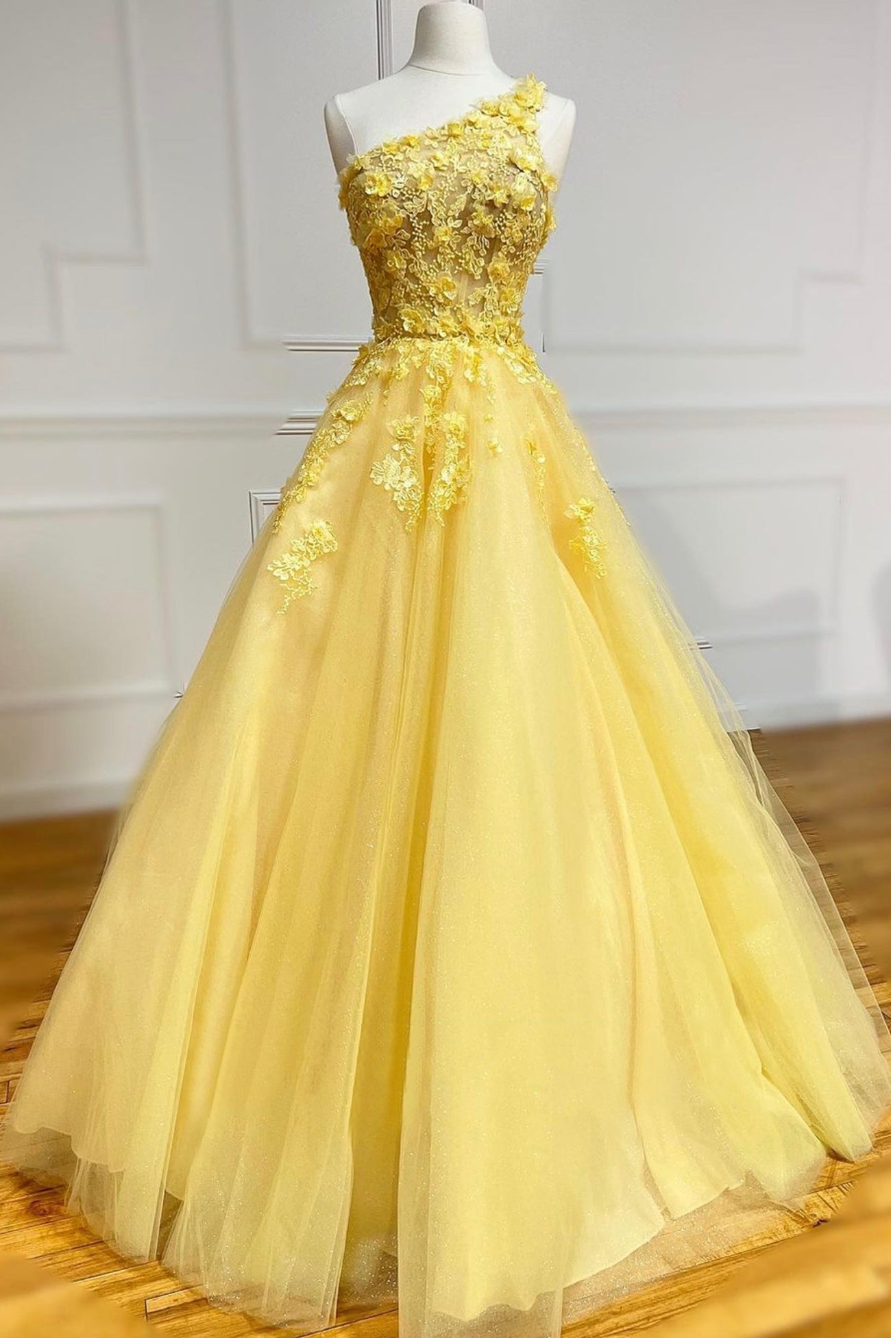 Party Dresses Modest, Yellow Lace One Shoulder Evening Dress, A-Line Tulle Long Prom Dress