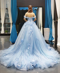 Prom Dresses Red, Blue Off Shoulder Tulle Lace Long Prom Gown Blue Evening Dress