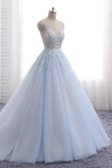 Formal Dresses Over 54, Ball Gown Chapel Train V Neck Sleeveless Backless Appliques Prom Dresses