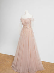 Formal Dresses To Wear To A Wedding, Champagne Pink Tulle Beads Long Prom Dress, Champagne Evening Dress