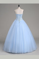 Bridesmaid Dresses For Beach Wedding, Light Blue Ball Gown Floor Length Sweetheart Strapless Sleevless Beading Prom Dresses