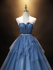 Prom Dress Styles, Blue Sweetheart Neck Tulle Long Prom Dress, Blue Evening Dress