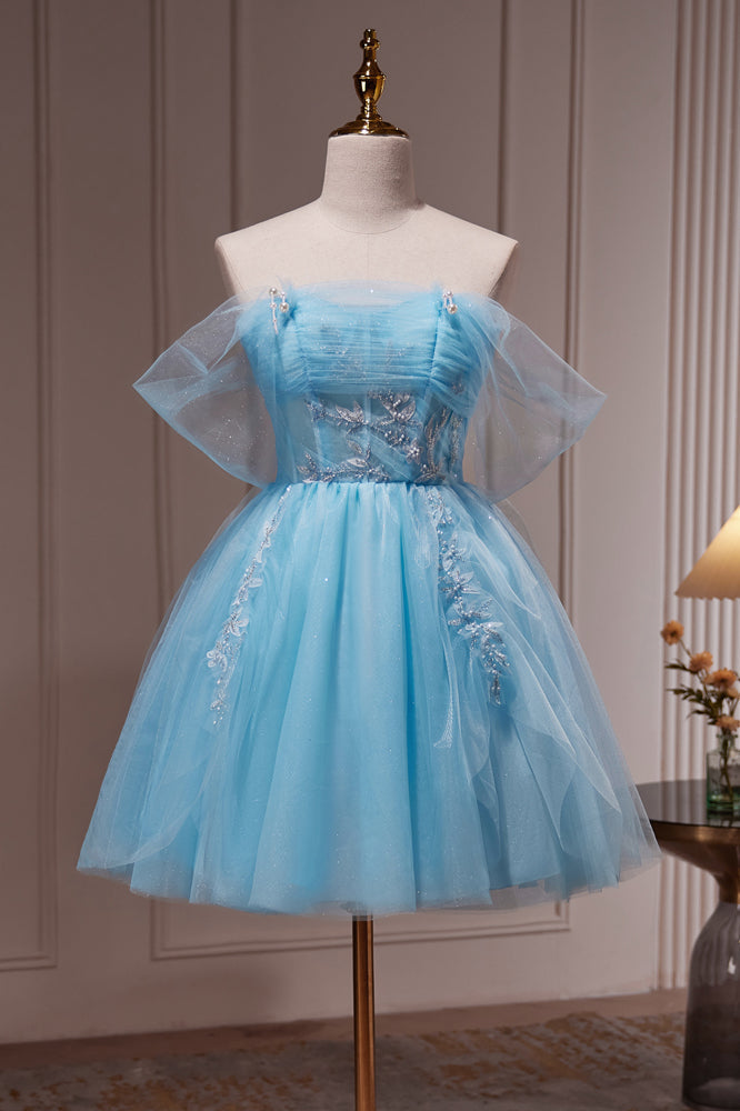 Bridesmaid Dress With Sleeve, Blue Off The Shoulder Beading Appliques Tulle Short Homecoming Dresses