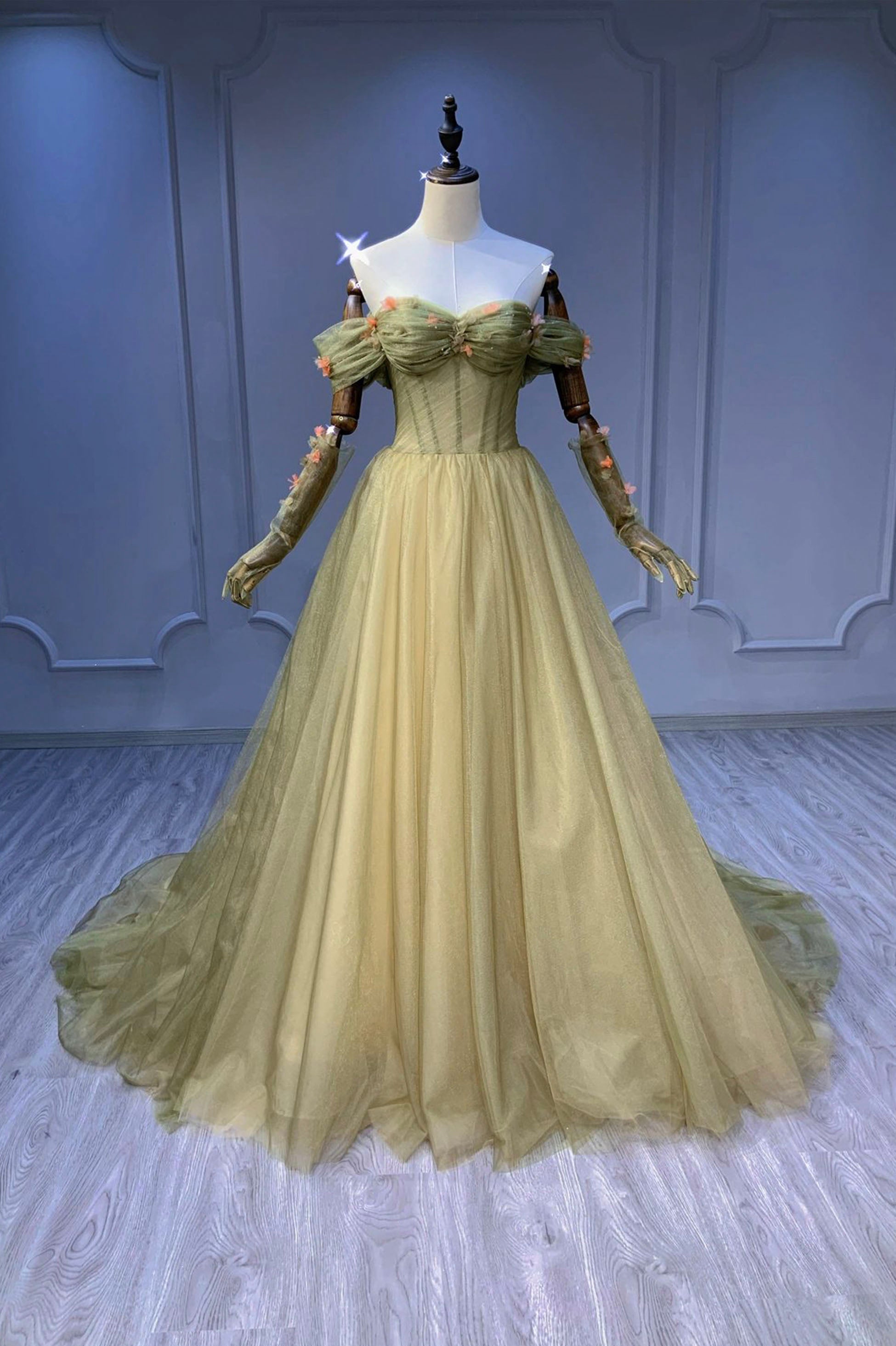 Prom Dresses For Warm Weather, Green Tulle Long A-Line Prom Dress, Off the Shoulder Evening Party Dress