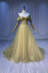 Prom Dresses For Warm Weather, Green Tulle Long A-Line Prom Dress, Off the Shoulder Evening Party Dress