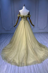 Prom Dresses For Blondes, Green Tulle Long A-Line Prom Dress, Off the Shoulder Evening Party Dress