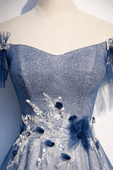 Prom Dress Inspiration, Blue Tulle Sequins Long Prom Dress, A-Line Evening Dress