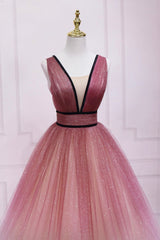 Homecoming Dresses Websites, Cute Ombre Tulle V-Neck Long Party Dress, A-line Prom Dress