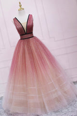 Homecoming Dress Website, Cute Ombre Tulle V-Neck Long Party Dress, A-line Prom Dress