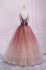 Homecoming Dress Stores, Cute Ombre Tulle V-Neck Long Party Dress, A-line Prom Dress