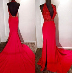 Bridesmaids Dress Style, 2024 Gorgeous Red Halter Side-Slit Mermaid/Trumpet Satin Prom Dresses