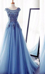 Bridesmaids Dresses Ideas, Appliques Lace Up Capped Sleeves A-Line/Princess Tulle 2024 Blue Prom Dresses