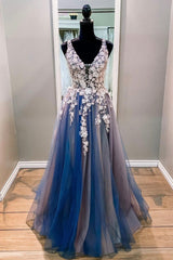 Party Dress Set, Blue Tulle Long Prom Dresses, V-Neck Evening Dresses with Lace Applique