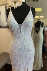 Evening Dresses For Ladies Over 69, White Iridescent Sequin Plunge V Long Prom Dress with Slit