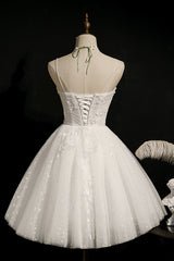 Bridesmaid Dresses Winter Wedding, Ivory Spaghetti Straps Beaded Tulle Princess Homecoming Dresses