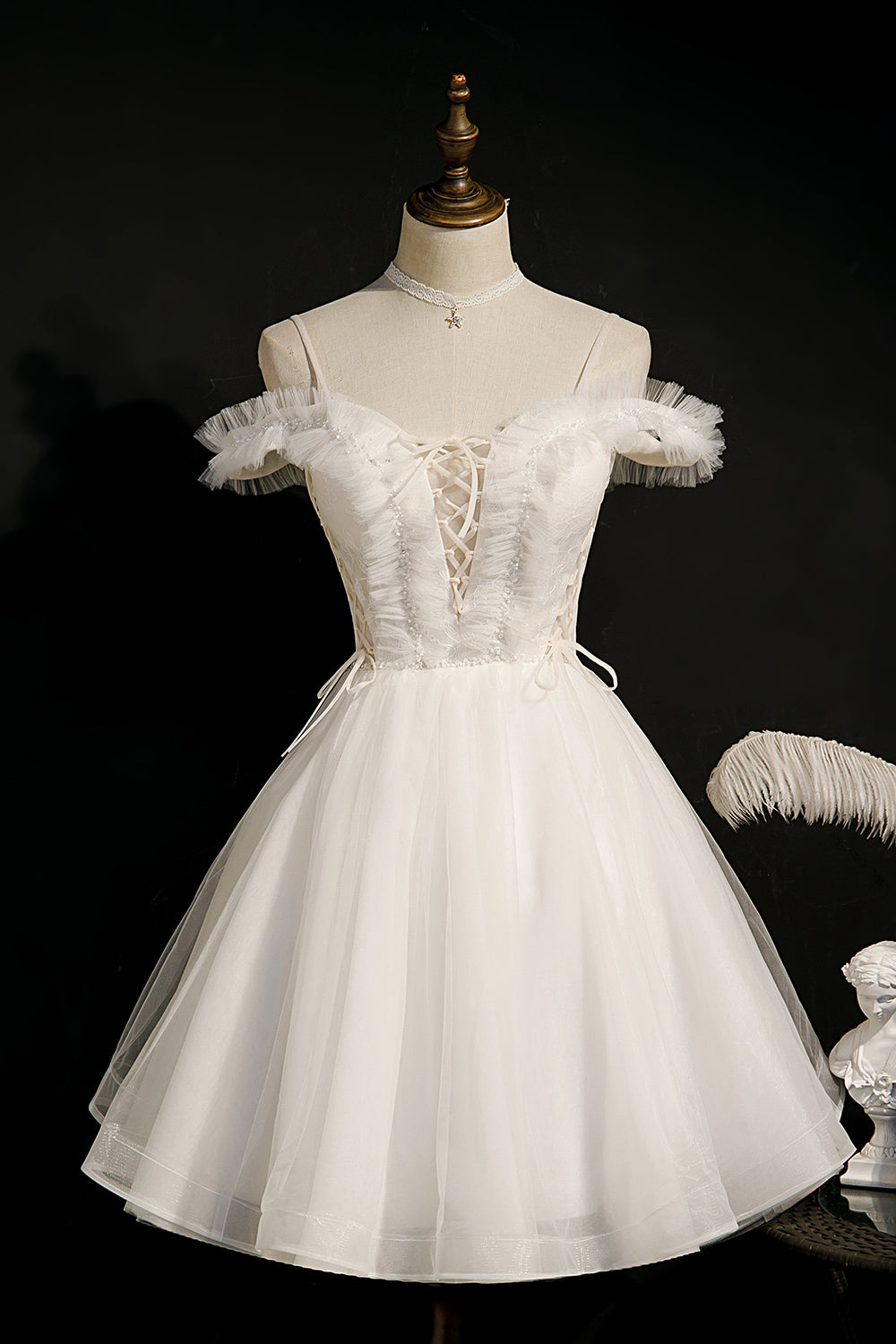 Bridesmaid Dress Vintage, Ivory Spaghetti Strap Beaded Tulle Short Princess Homecoming Dresses