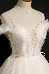 Bridesmaids Dresses Winter, Ivory Spaghetti Strap Beaded Tulle Short Princess Homecoming Dresses