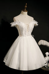 Bridesmaid Dress Winter, Ivory Spaghetti Strap Beaded Tulle Short Princess Homecoming Dresses