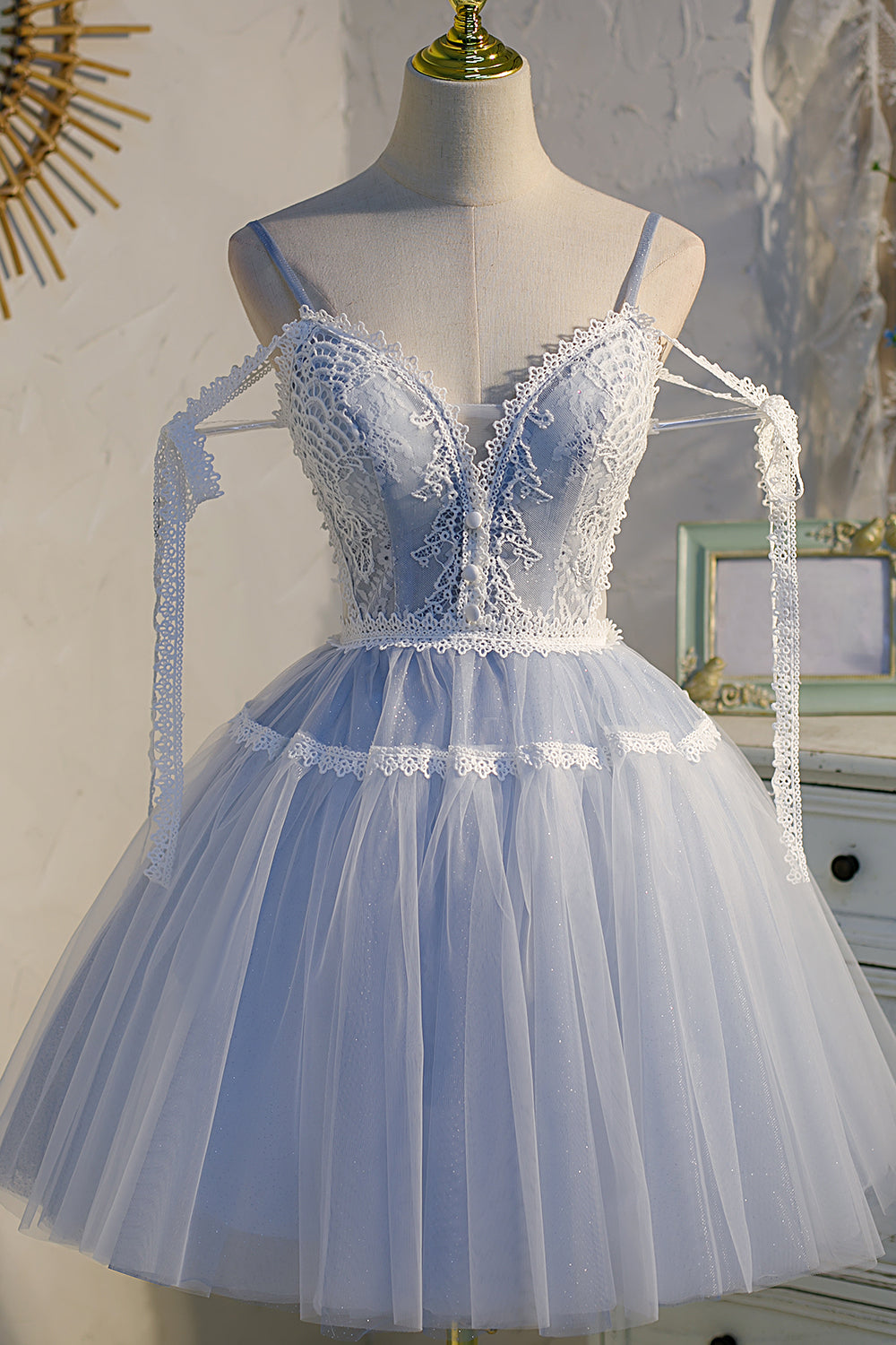 Bridesmaids Dresses Beach Wedding, Light Blue Spaghetti Straps Lace Tulle Short Homecoming Dresses