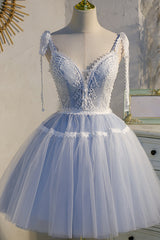 Bridesmaid Dress Beach Wedding, Light Blue Spaghetti Straps Lace Tulle Short Homecoming Dresses