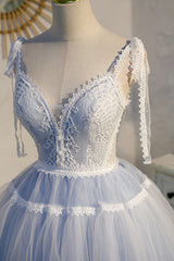 Bridesmaid Dresses Beach Wedding, Light Blue Spaghetti Straps Lace Tulle Short Homecoming Dresses