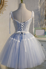 Bridesmaid Dress For Beach Wedding, Light Blue Spaghetti Straps Lace Tulle Short Homecoming Dresses