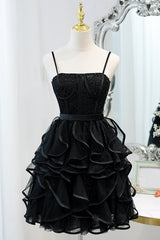 Elegant Wedding Dress, Black Sequins Spaghetti Straps Tulle Short Homecoming Dresses