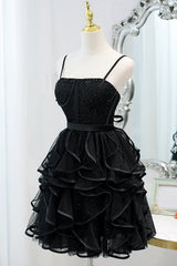 Wedding Bouquet, Black Sequins Spaghetti Straps Tulle Short Homecoming Dresses