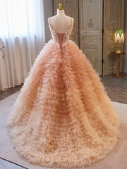 Party Dress Pinterest, Unique V Neck Tulle Sequin Orange Pink Long Prom Dress, Orange Pink Sweet 16 Dress