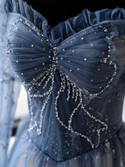 Gown Dress, Blue Sparkly Tulle Prom Dress with Long Sleeves, New Style Long Dress with Beading