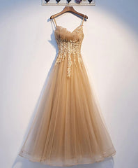 Formal Dress Short, Champagne Tulle Lace Long Prom Dress, Champagne Evening Dress, 9