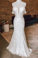 Wedding Dress Lace Sleeves, White Plunging Off-the-Shoulder Lace Mermaid Long Wedding Dress