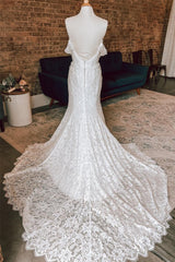 Wedding Dresses Laced Sleeves, White Plunging Off-the-Shoulder Lace Mermaid Long Wedding Dress