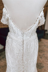 Wedding Dresses Lace Sleeves, White Plunging Off-the-Shoulder Lace Mermaid Long Wedding Dress