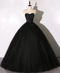 Homecoming Dress Blue, Black Sweetheart Neck Tulle Long Prom Dress, Black Evening Dress