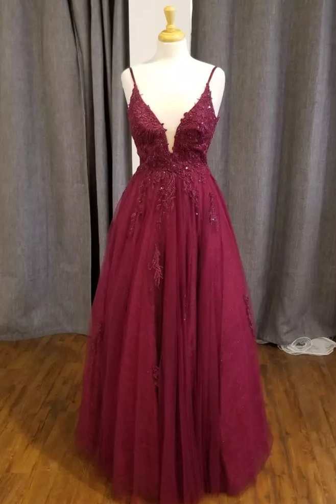 Homecoming Dresses 2040, Wine Lace Appliques V-Neck A-Line Prom Dress