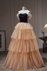 Bridesmaids Dress Chiffon, Champagne Off The Shoulder Evening Gown A Line Tulle Long Prom Dresses