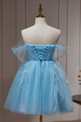 Bridesmaids Dress With Sleeves, Blue Off The Shoulder Beading Appliques Tulle Short Homecoming Dresses