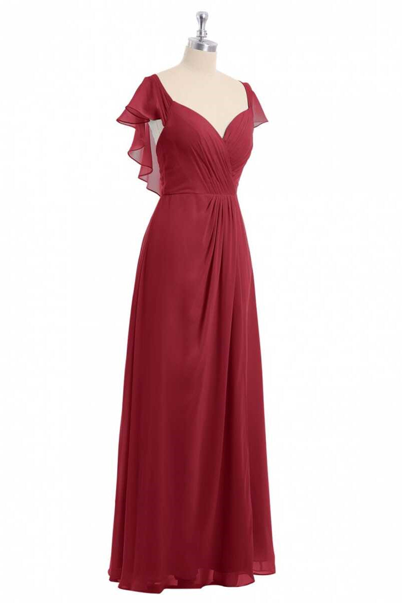 Homecomming Dress Long, Wine Red Chiffon Backless Ruffled Sleeve Long Bridesmaid Dress