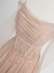 Formal Dress For Graduation, Champagne Pink Tulle Beads Long Prom Dress, Champagne Evening Dress