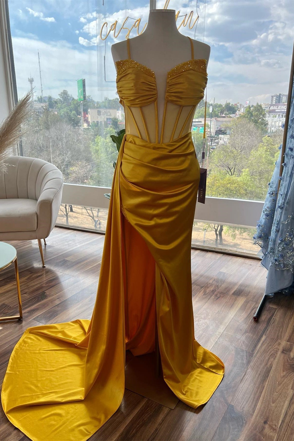 Homecoming Dresses Pretty, Yellow Beaded Mermaid Satin Deep V Neck Long Prom Dress with Slit