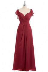 Homecoming Dresses 2042, Wine Red Chiffon Backless Ruffled Sleeve Long Bridesmaid Dress