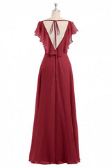 Homecoming Dress 2035, Wine Red Chiffon Backless Ruffled Sleeve Long Bridesmaid Dress