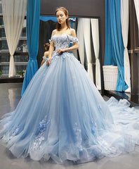 Prom Dress Sales, Blue Off Shoulder Tulle Lace Long Prom Gown Blue Evening Dress