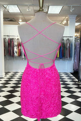 Formal Dress Elegant, Spaghetti Straps Hot Pink Bodycon Mini Dress